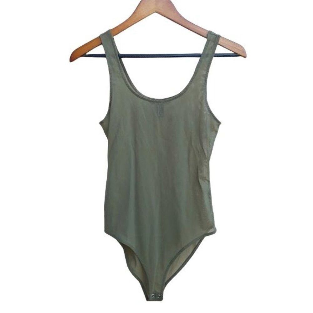 Forever 21 Netted Sheer Military‎ Army Green Scoop Neck Tank Top Bodysuit Sz S